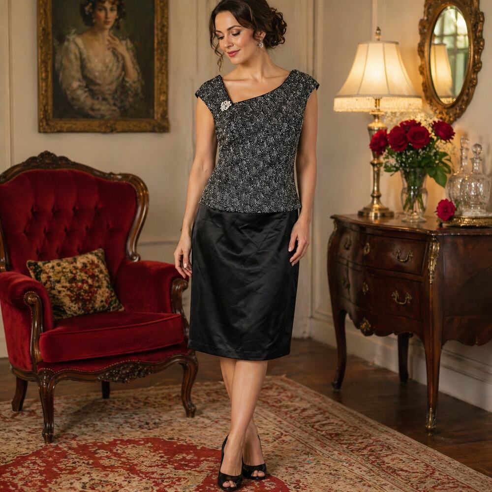 70s Patra Black Silver Cocktail Dress Asymmetrical Neckline - M